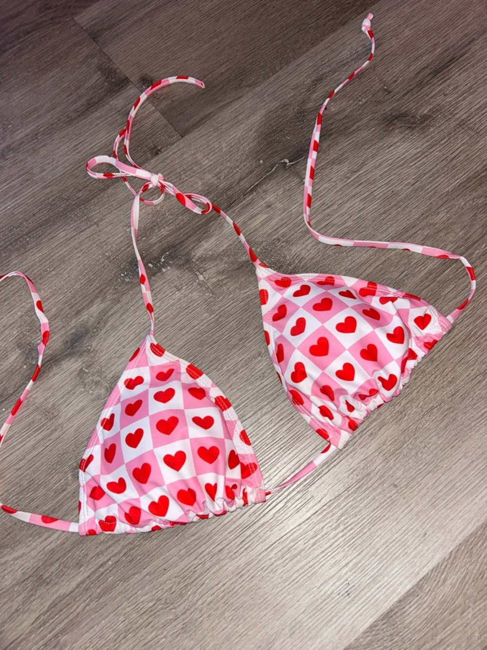 Pink & Red Checkered Heart Triangle Bikini Top